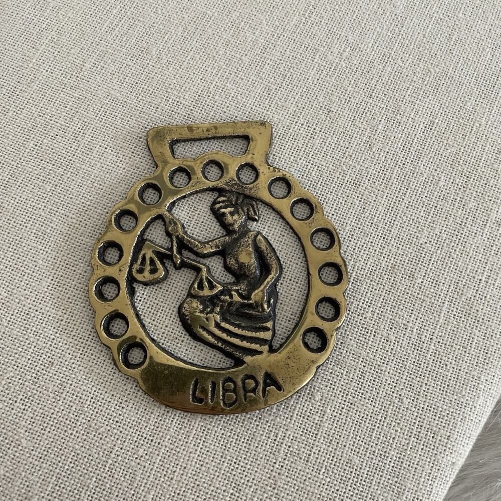 Vintage Libra Golden Brass Horse Medallion Charm Wall Decor Horoscope